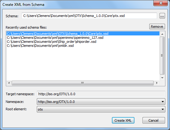 Create xml from schema dialog