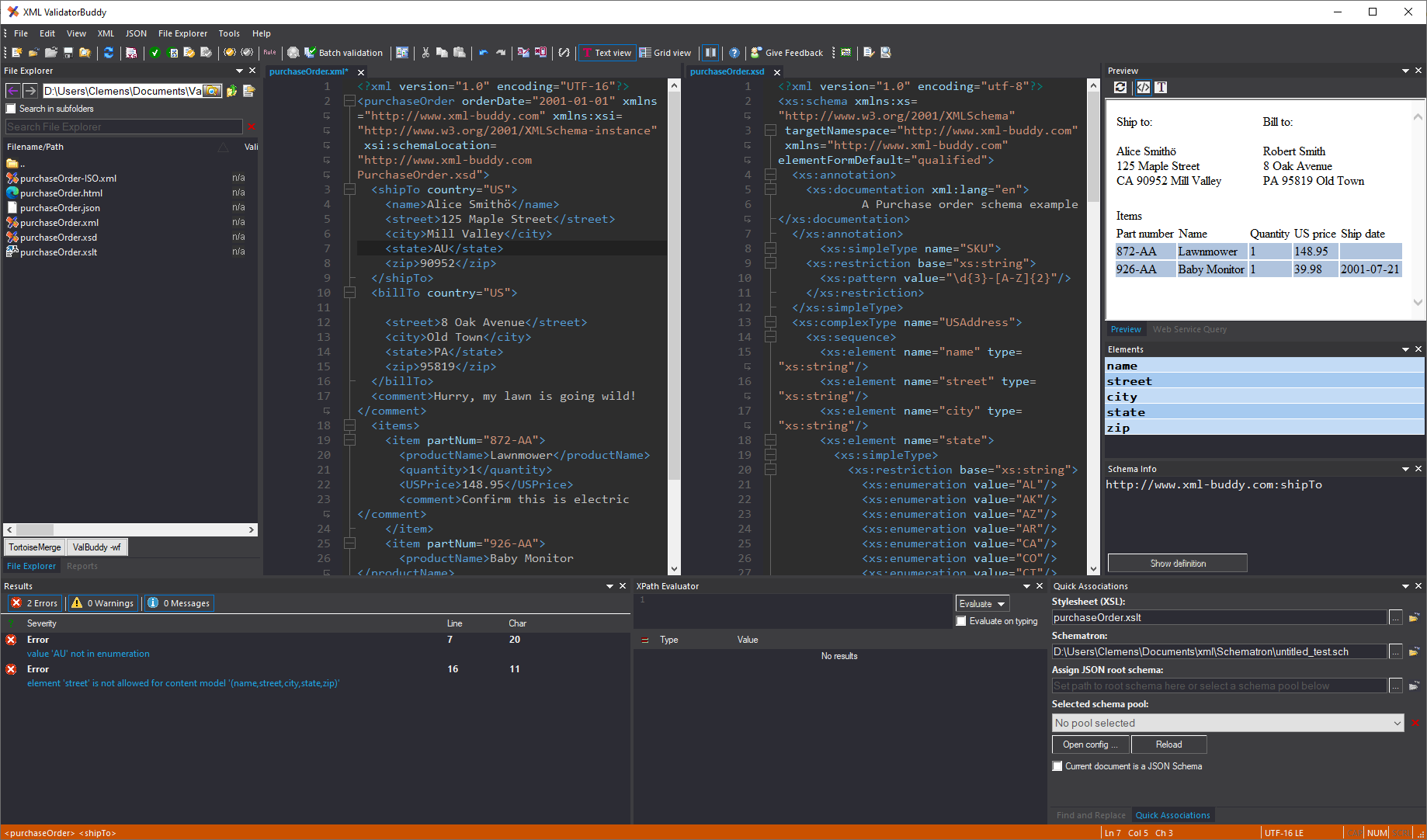 XML ValidatorBuddy validation workspace with two reported XML errors