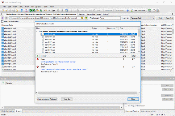 XML validator results dialog