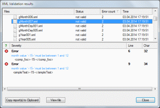 Dialog showing XML validator results